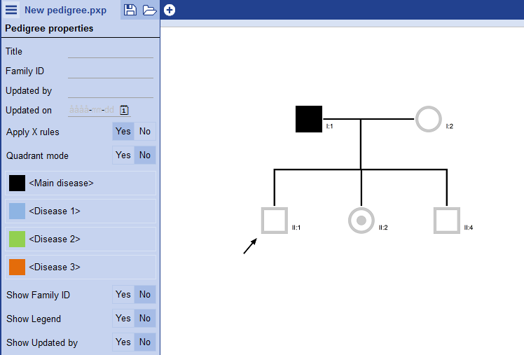 PedigreeXP - Properties panel with X-rules setting applied. 